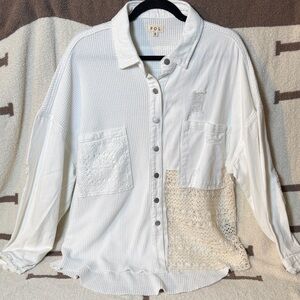 POL Cream Patchwork Crochet Button-Up Shirt